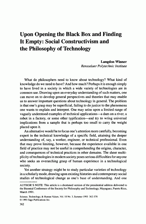 Upon Opening the Black Box and Finding It Empty: Social Constructivism and  the Philosophy of Technology - Langdon Winner, 1993