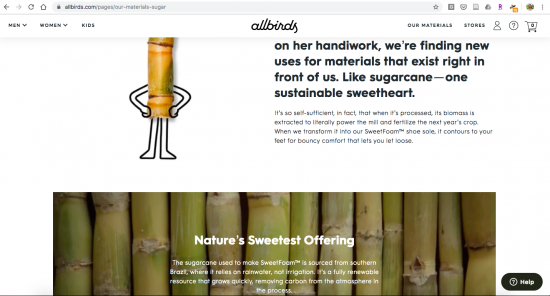 Screenshot of Allbirds webpage explaining their sugarcane-based shoes.