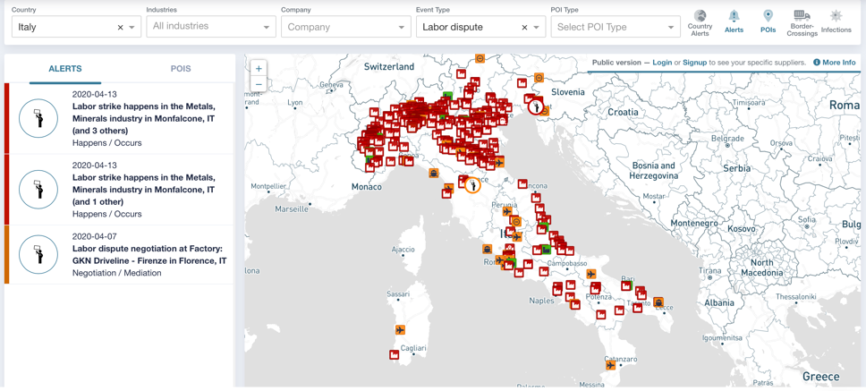 dashboard which visualizes labor disputes, it highlights many areas as red