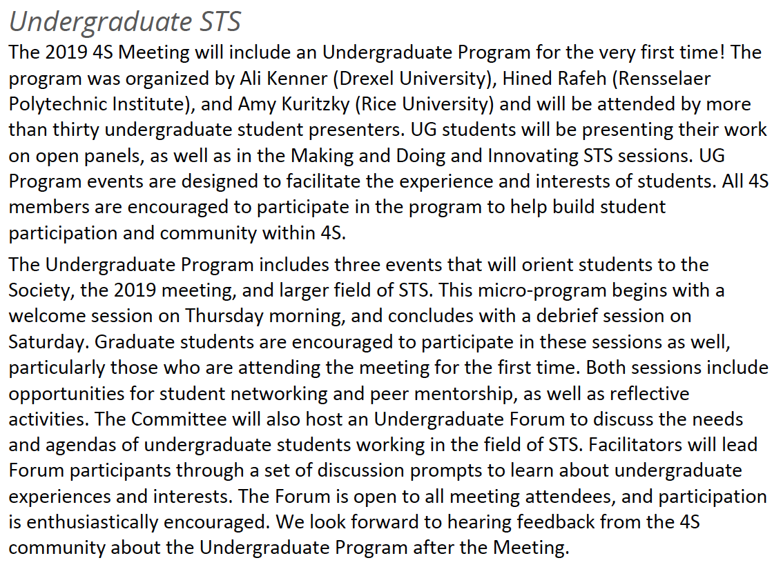 4S 2019 program page showing undergraduate STS program