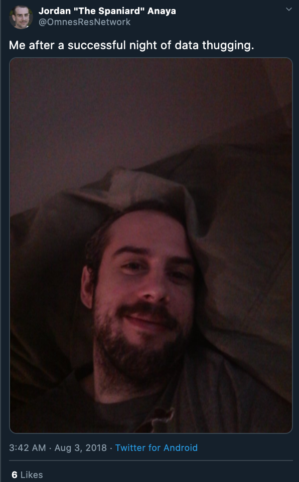 Screenshot of @OmnesResNetwork tweeting a smiling selfie, seemingly in bed, with the caption "Me after a successful night of data thugging."