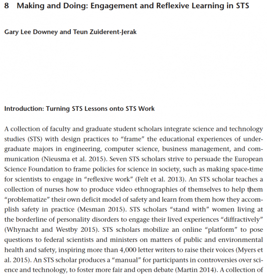 This is the first page of the chapter, "Making and Doing: Engagement and Reflexive Learning in STS," published in The Handbook of Science and Technology Studies, 2017